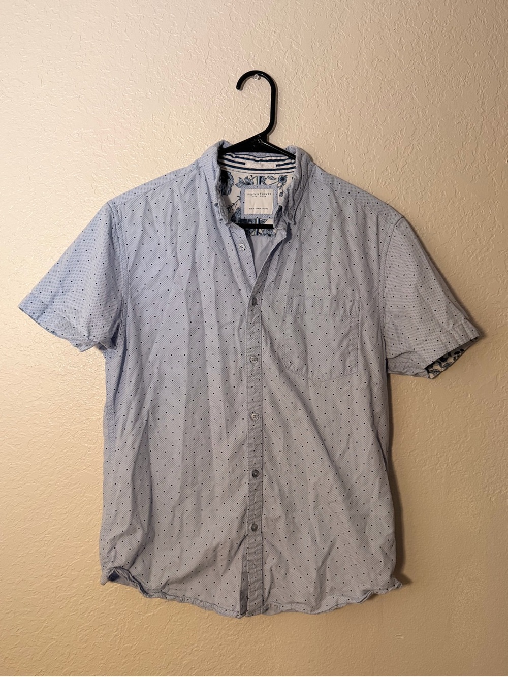 Denim & Flower Light Blue Short-Sleeve Button-Down with Navy Micro Dots